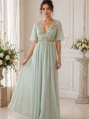 VTG U.need Beaded Chiffon Dress Mint Green Empire Waist Maxi XS